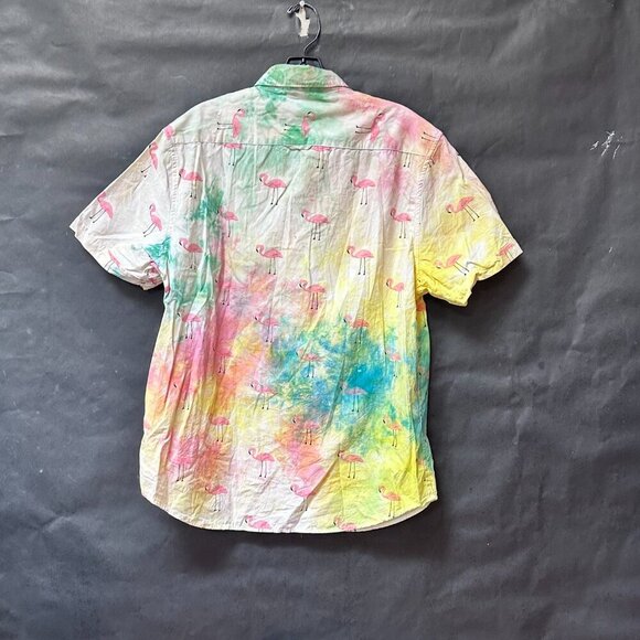Denim & Flower NWT Tie Dyed Pink Flamingos Cotton Aloha Shirt Size Large Hawaii - Picture 4 of 8